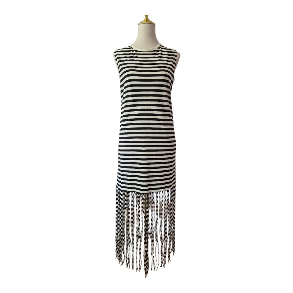 💕ZARA Women's Striped Fringe‎ Hem Sleeveless Dress Black White Cotton Size S